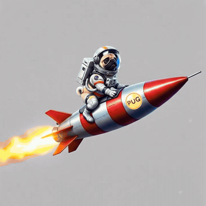 Pug in an astronaut suit riding a rocket